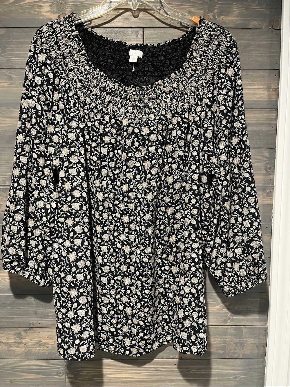 J. Jill Black Floral Print smocked neck blouse 2X